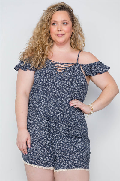 Plus Size Navy Floral Print Lace Up Romper - Deals Kiosk