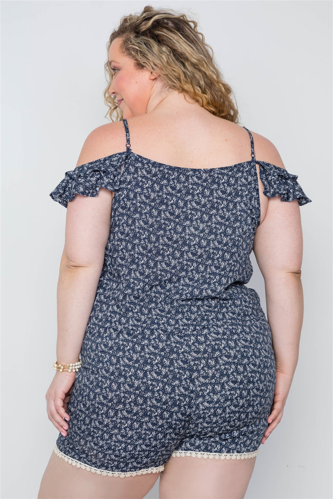 Plus Size Navy Floral Print Lace Up Romper - Deals Kiosk
