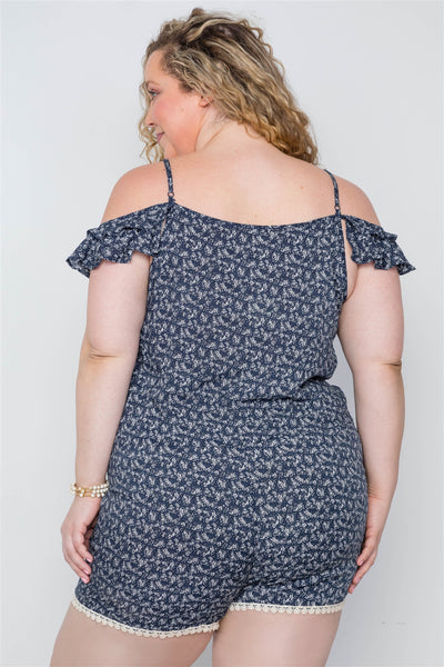 Plus Size Navy Floral Print Lace Up Romper - Deals Kiosk