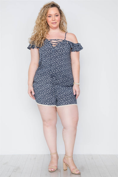 Plus Size Navy Floral Print Lace Up Romper - Deals Kiosk