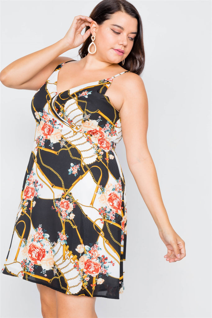 Plus Size Black Floral Belt & Chain Printed Mini Dress - Deals Kiosk