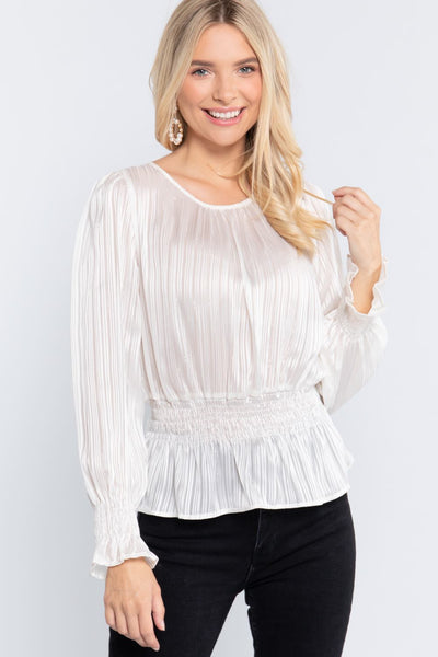 Smocked Ruffle Sleeve Lurex Blouse - Deals Kiosk
