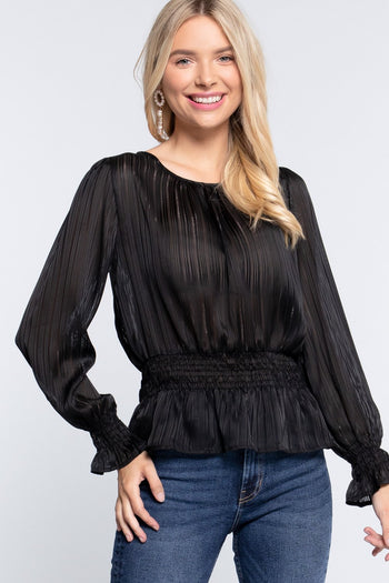 Smocked Ruffle Sleeve Lurex Blouse - Deals Kiosk