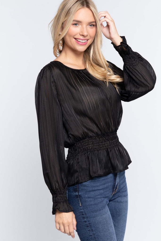 Smocked Ruffle Sleeve Lurex Blouse - Deals Kiosk