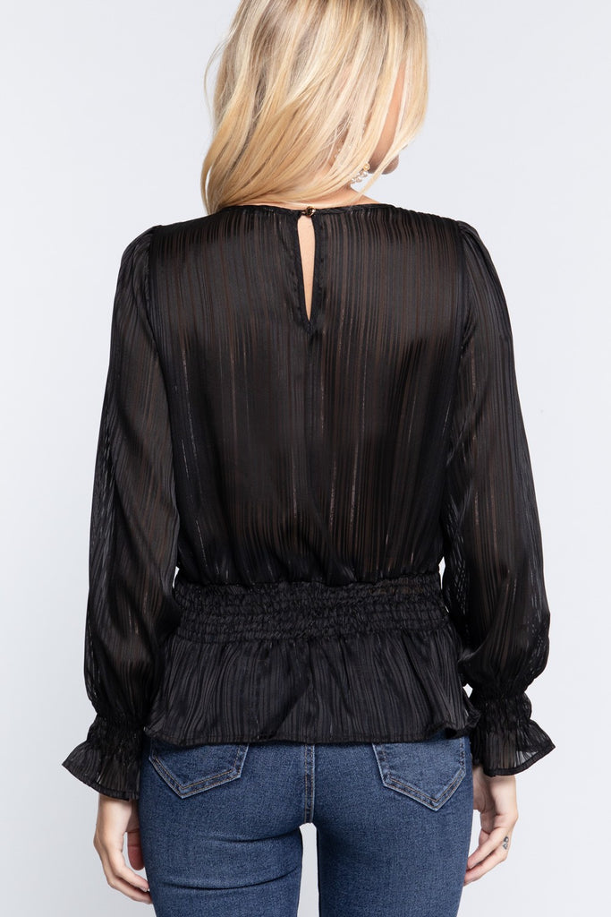 Smocked Ruffle Sleeve Lurex Blouse - Deals Kiosk