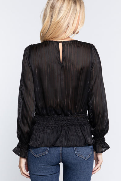 Smocked Ruffle Sleeve Lurex Blouse - Deals Kiosk