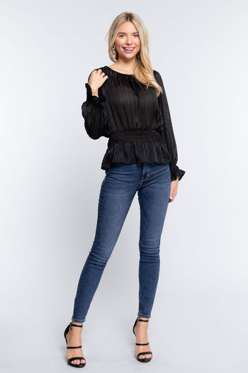Smocked Ruffle Sleeve Lurex Blouse - Deals Kiosk