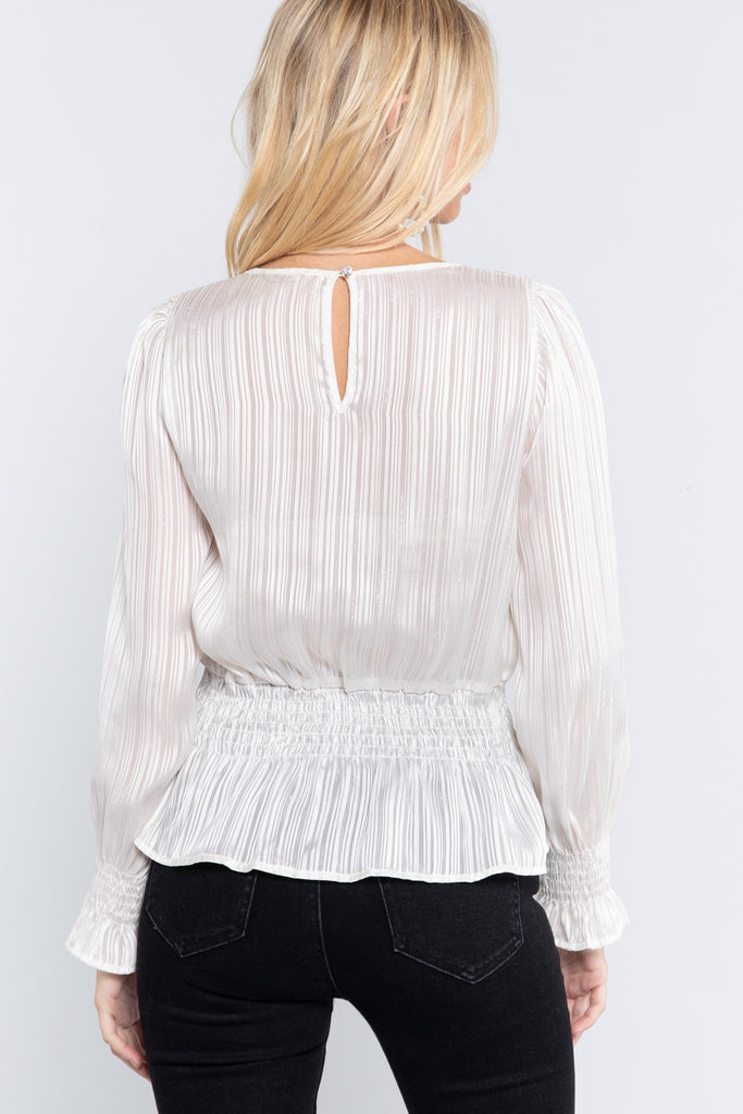 Smocked Ruffle Sleeve Lurex Blouse - Deals Kiosk