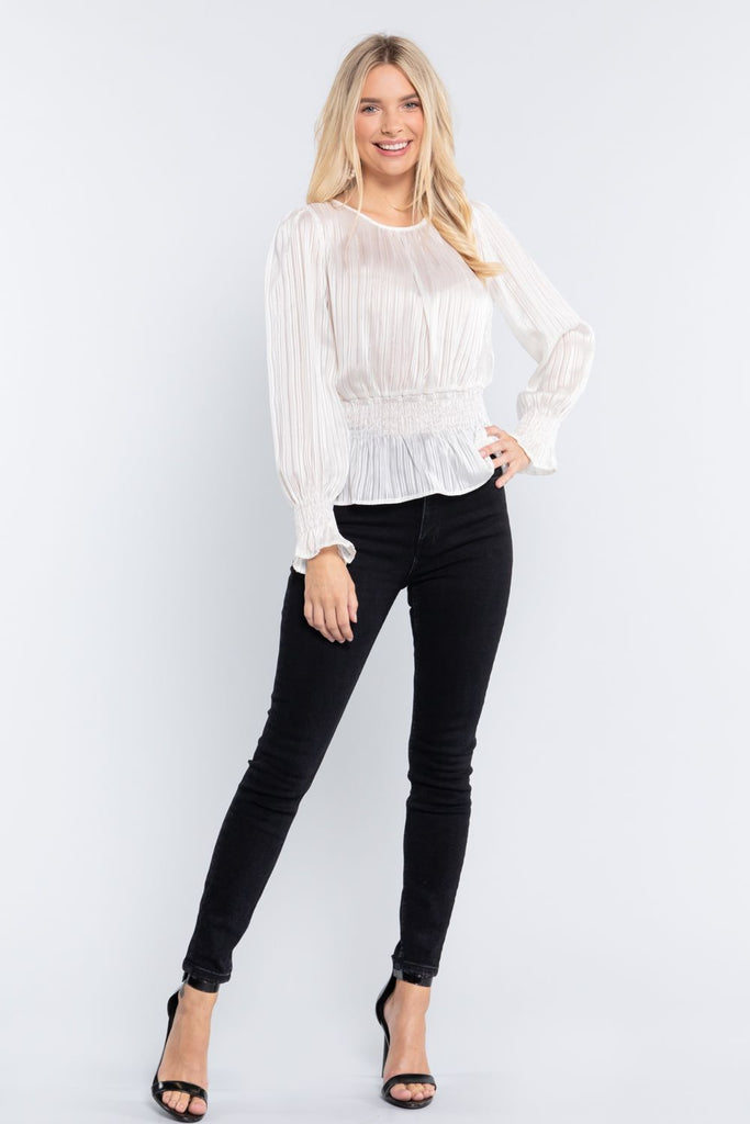 Smocked Ruffle Sleeve Lurex Blouse - Deals Kiosk
