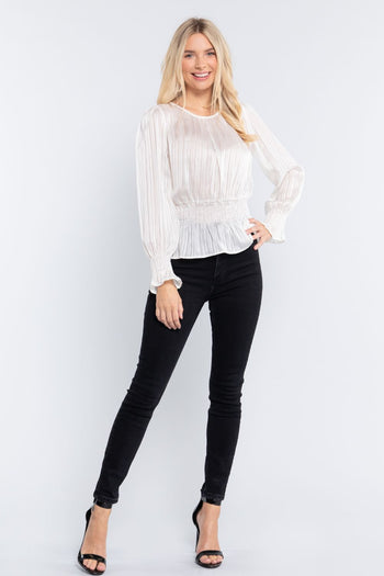 Smocked Ruffle Sleeve Lurex Blouse - Deals Kiosk