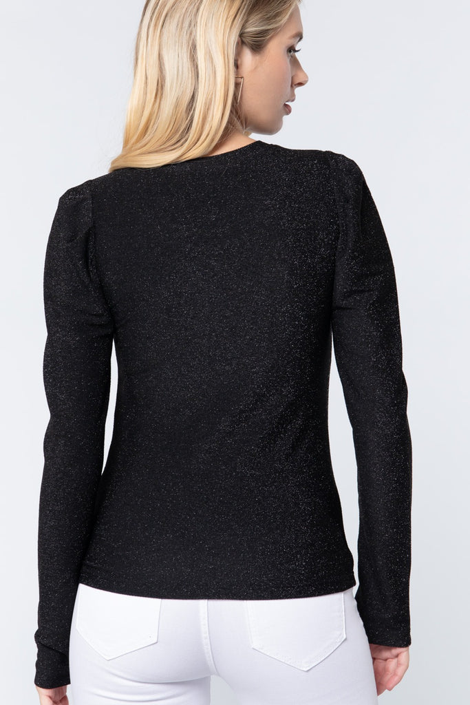 Puff Sleeve Crew Neck Metallic Knit Top - Deals Kiosk