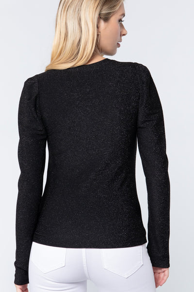 Puff Sleeve Crew Neck Metallic Knit Top - Deals Kiosk
