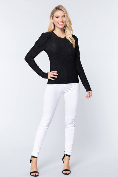 Puff Sleeve Crew Neck Metallic Knit Top - Deals Kiosk