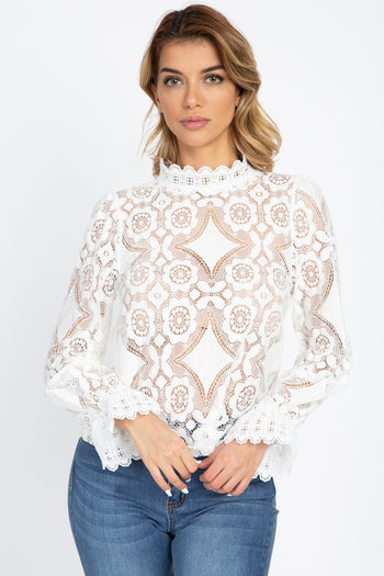 Sheer Floral & Geo Crochet Lace Top - Deals Kiosk