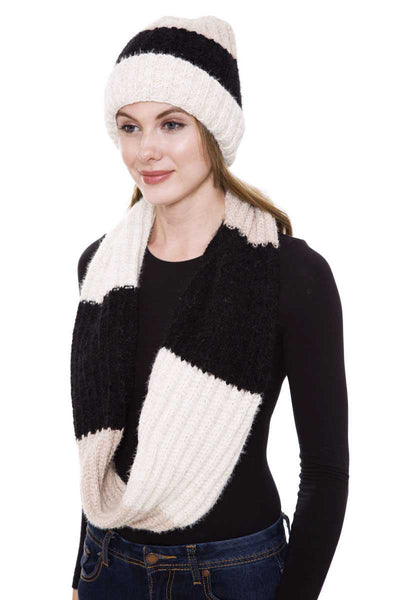 Stripe Pattern Infinity Scarf And Knit Hat Set - Deals Kiosk