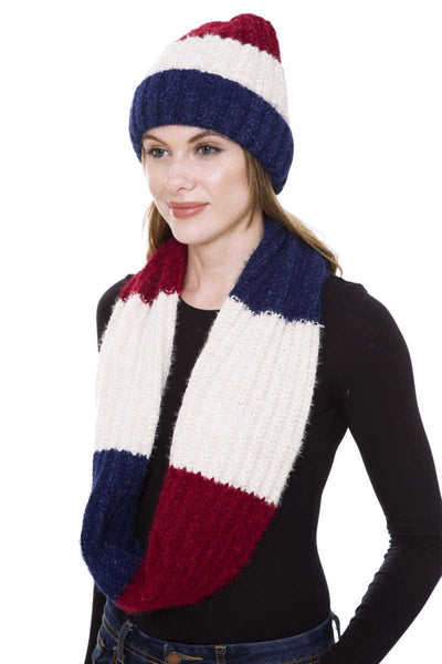 Stripe Pattern Infinity Scarf And Knit Hat Set - Deals Kiosk