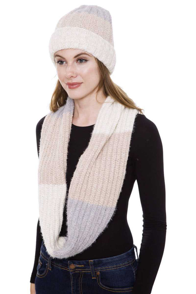 Stripe Pattern Infinity Scarf And Knit Hat Set - Deals Kiosk