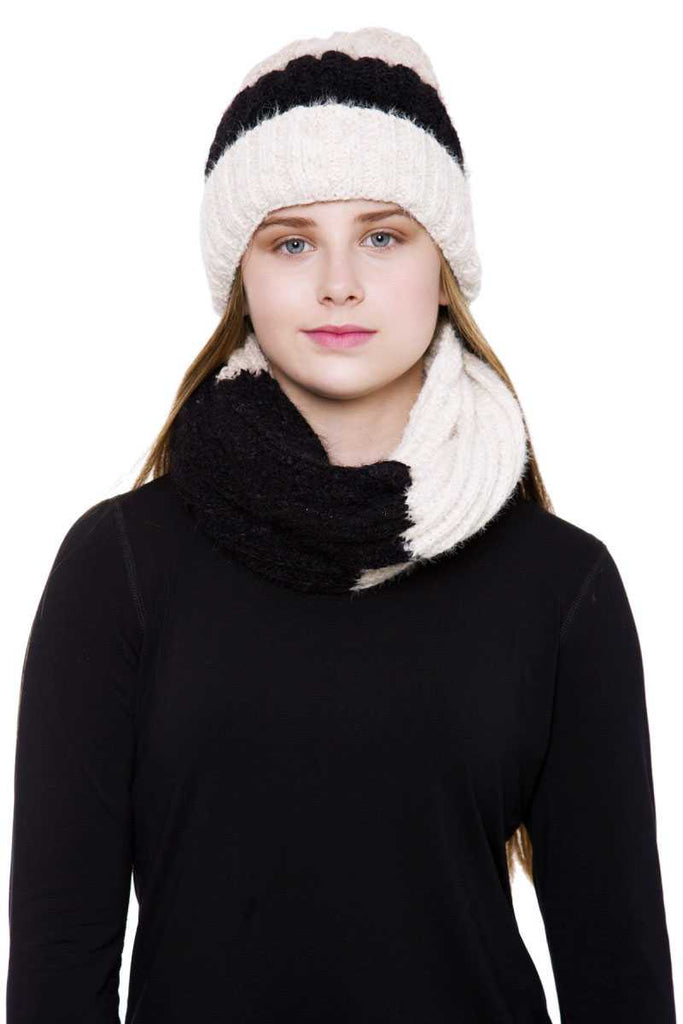 Stripe Pattern Infinity Scarf And Knit Hat Set - Deals Kiosk