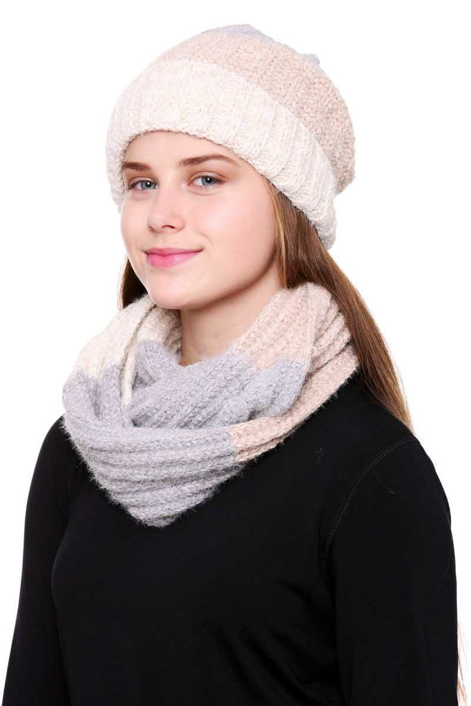 Stripe Pattern Infinity Scarf And Knit Hat Set - Deals Kiosk