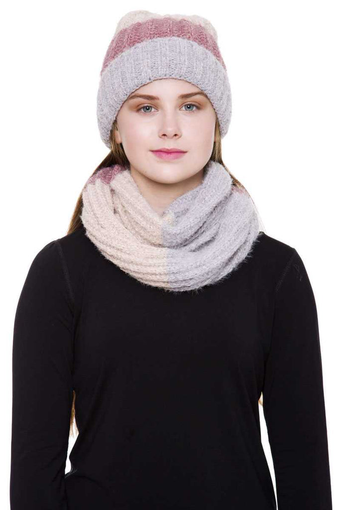 Stripe Pattern Infinity Scarf And Knit Hat Set - Deals Kiosk