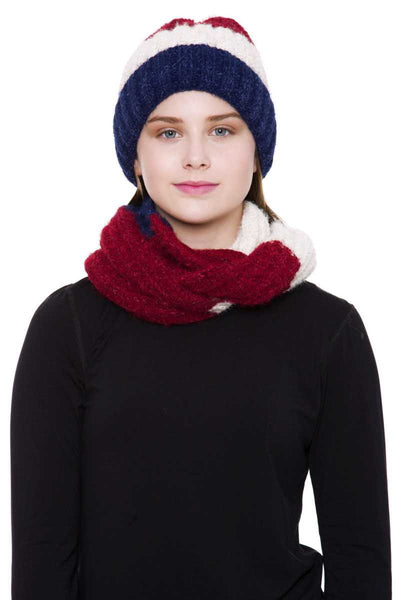 Stripe Pattern Infinity Scarf And Knit Hat Set - Deals Kiosk