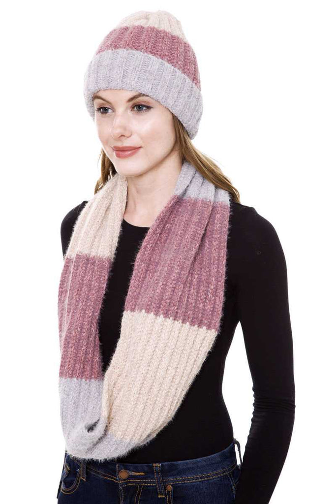 Stripe Pattern Infinity Scarf And Knit Hat Set - Deals Kiosk