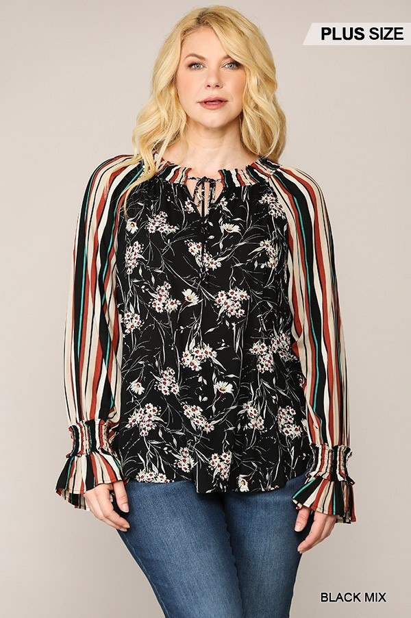 Print Mixed Peasant Smocked Top - Deals Kiosk