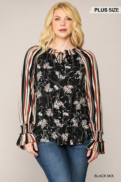 Print Mixed Peasant Smocked Top - Deals Kiosk