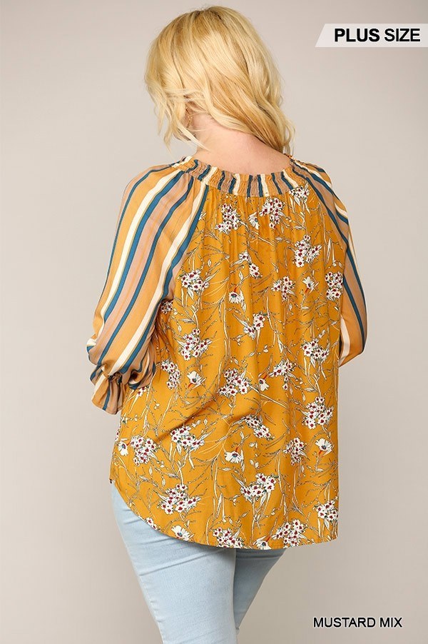 Print Mixed Peasant Smocked Top - Deals Kiosk