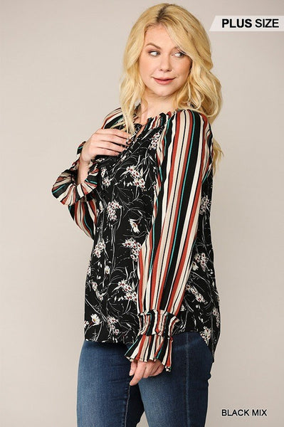 Print Mixed Peasant Smocked Top - Deals Kiosk