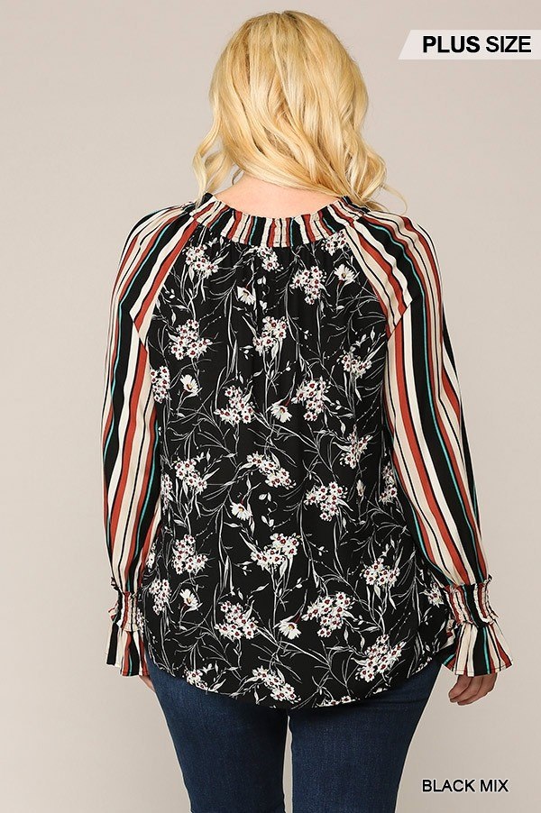 Print Mixed Peasant Smocked Top - Deals Kiosk