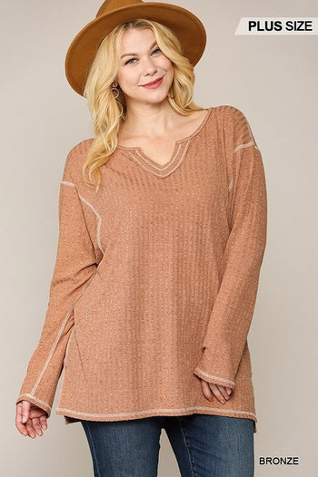 Two-tone Ribbed Tunic Top With Side Slits - Deals Kiosk
