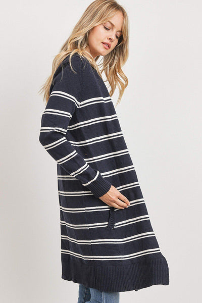 Striped Print Open Front Cardigan - Deals Kiosk