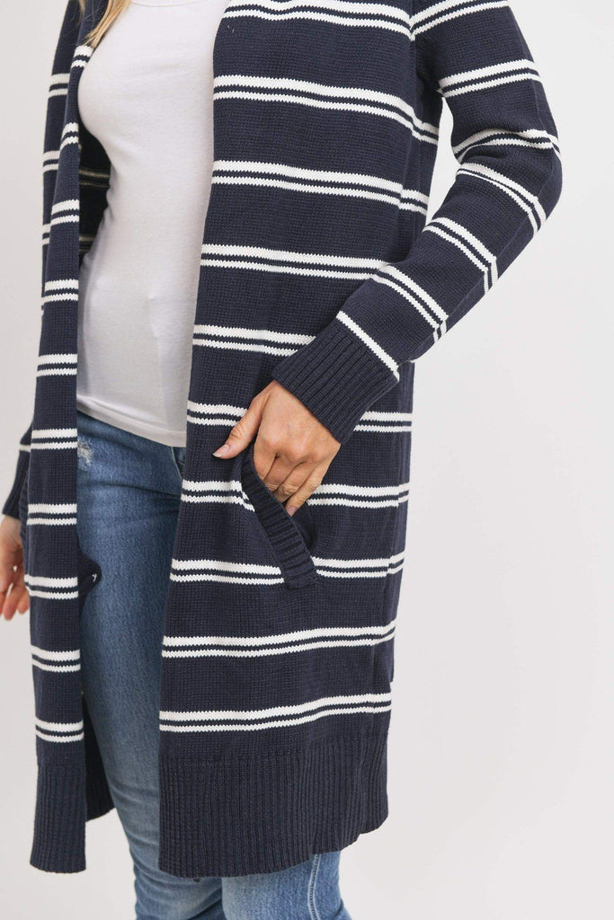 Striped Print Open Front Cardigan - Deals Kiosk