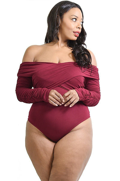 Plus Solid Cross Wrapped Long Sleeve Bodysuit - Deals Kiosk