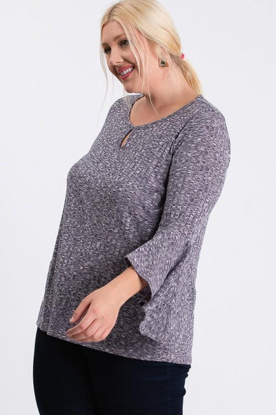Front Keyhole 2tone Rib Fabric 3/4 Bell Sleeve Top - Deals Kiosk
