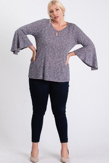 Front Keyhole 2tone Rib Fabric 3/4 Bell Sleeve Top - Deals Kiosk