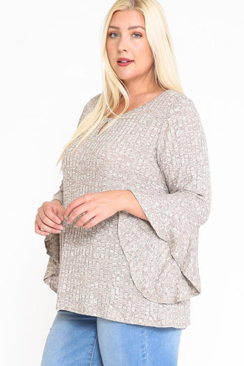Front Keyhole 2tone Rib Fabric 3/4 Bell Sleeve Top - Deals Kiosk