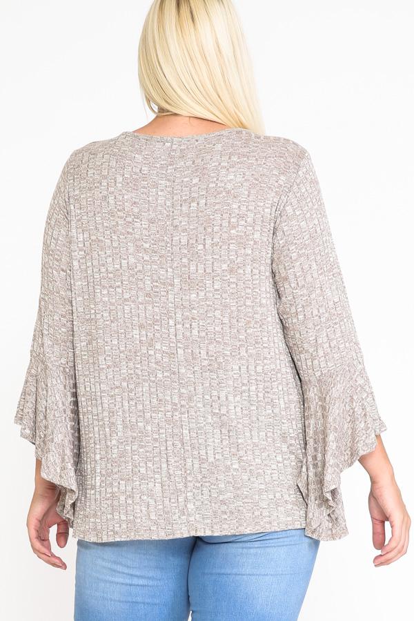 Front Keyhole 2tone Rib Fabric 3/4 Bell Sleeve Top - Deals Kiosk