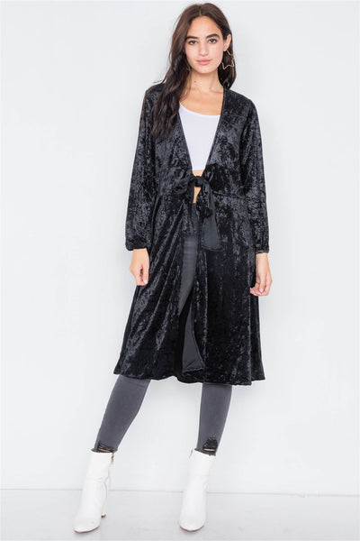 Crushed Velvet Open Front Tie Jacket - Deals Kiosk