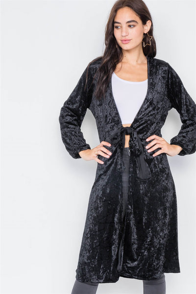 Crushed Velvet Open Front Tie Jacket - Deals Kiosk