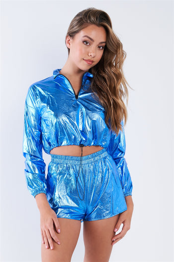 Metallic Lightweight Drawstring Crop Top & Shorts Set - Deals Kiosk