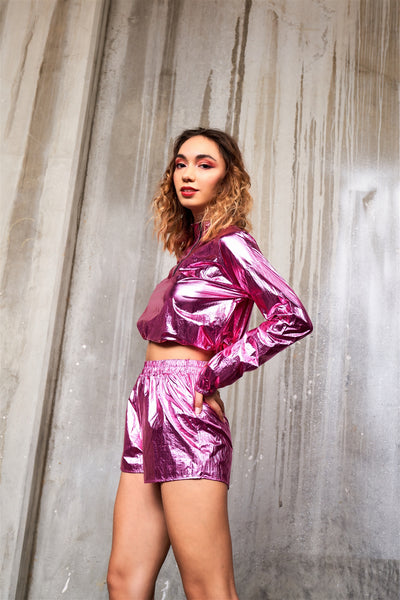 Metallic Lightweight Drawstring Crop Top & Shorts Set - Deals Kiosk