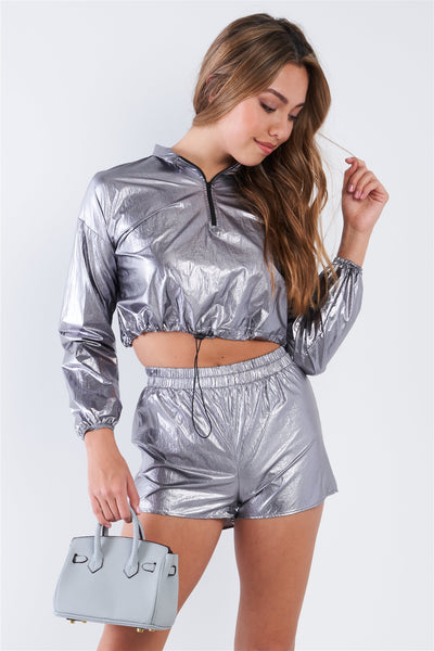 Metallic Lightweight Drawstring Crop Top & Shorts Set - Deals Kiosk