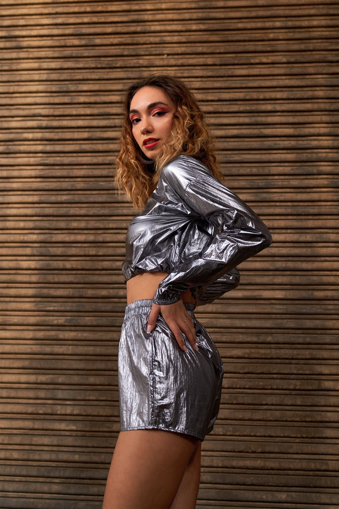 Metallic Lightweight Drawstring Crop Top & Shorts Set - Deals Kiosk