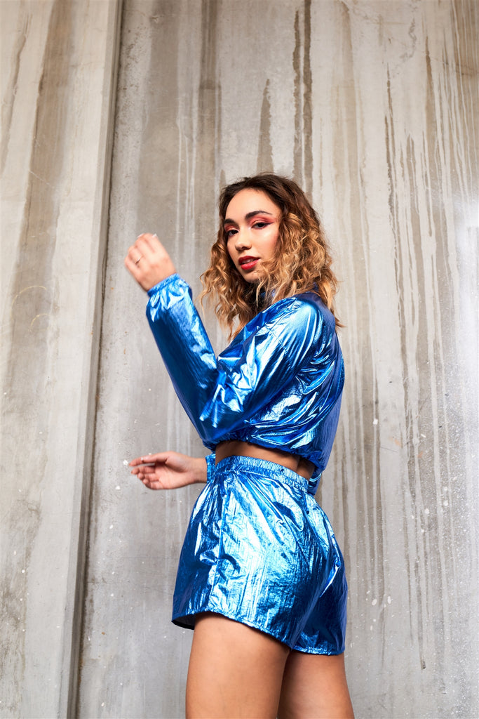 Metallic Lightweight Drawstring Crop Top & Shorts Set - Deals Kiosk