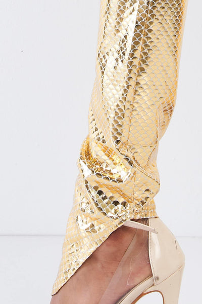 Metallic Small Scales Print Long Sleeve Off-the-shoulder Cropped Top And High Waist Slim Fit Legging Set - Deals Kiosk