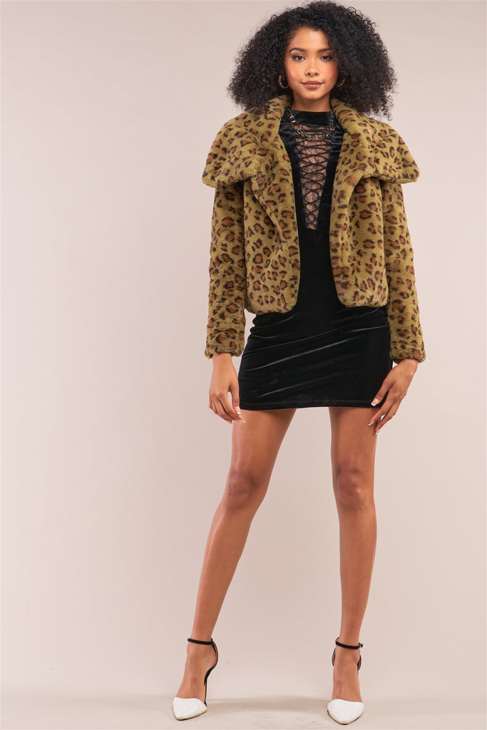 Green Leopard Print Faux Fur Open Front Oversized Collar Jacket - Deals Kiosk