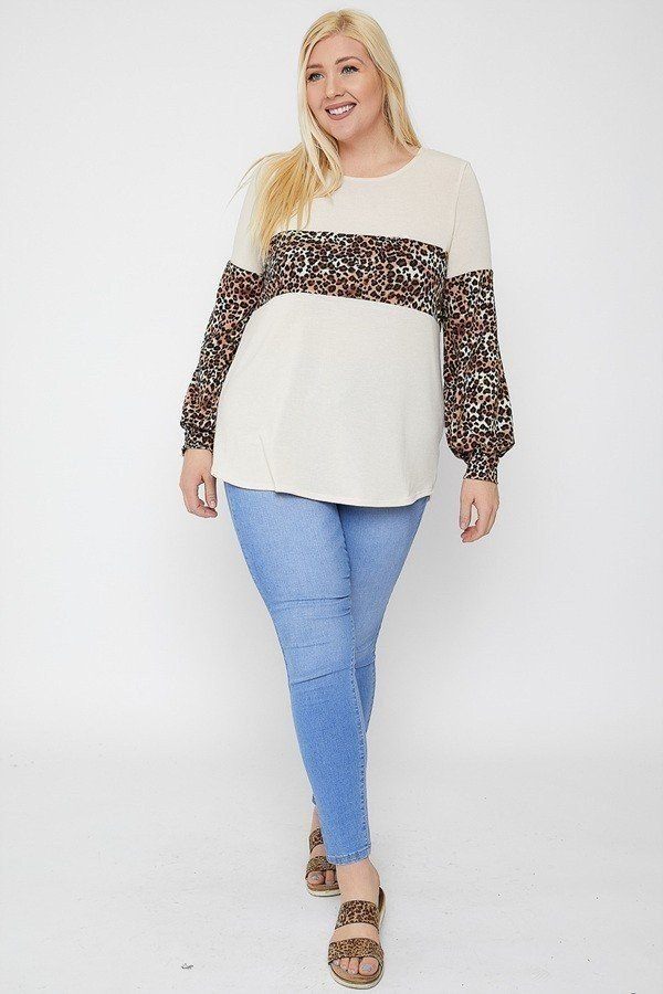 Round Neckline Contrast Print Top - Deals Kiosk