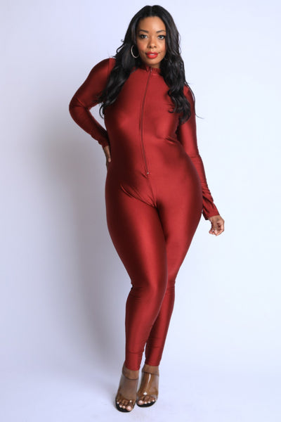 Thumbhole Mock Neck Zip Up Jumpsuit - Deals Kiosk